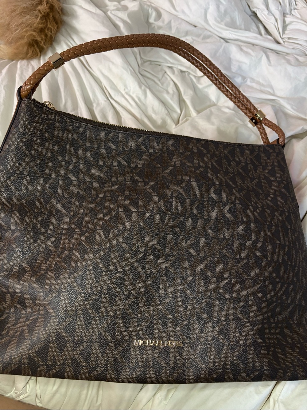Michael Kors Brown MK Monogram Shoulder Bag with Tan Braided Strap